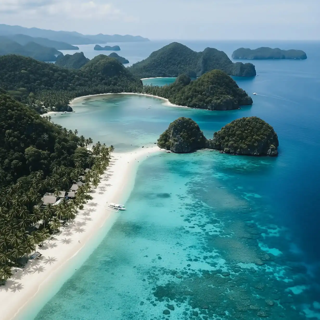 Aerial view pristine beach islands El Nido Palawan Philippines
